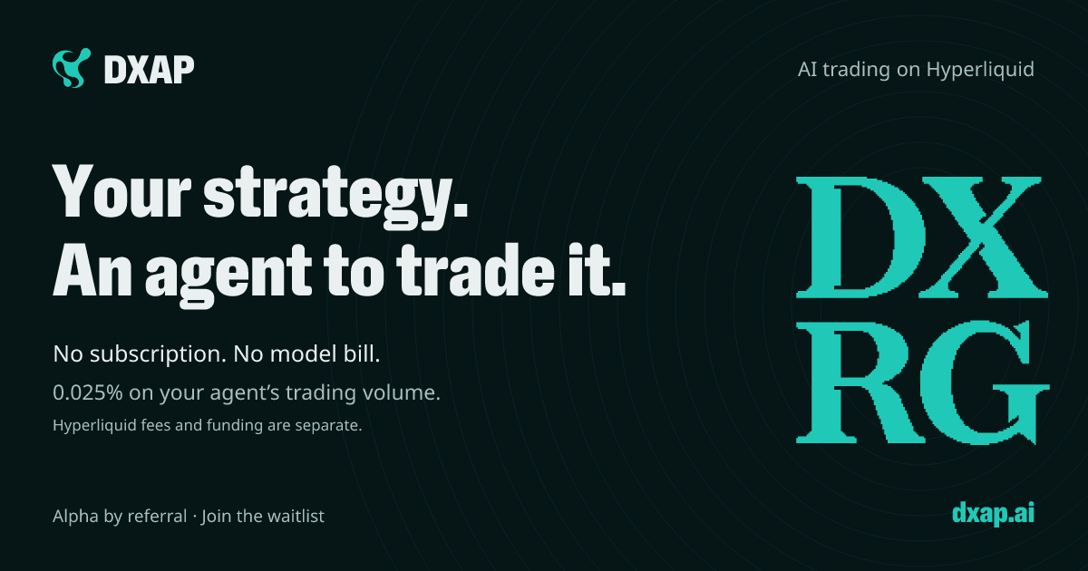 DXAP: Your strategy. An agent to trade it. No subscription or model bill. 0.025% on agent trading volume.